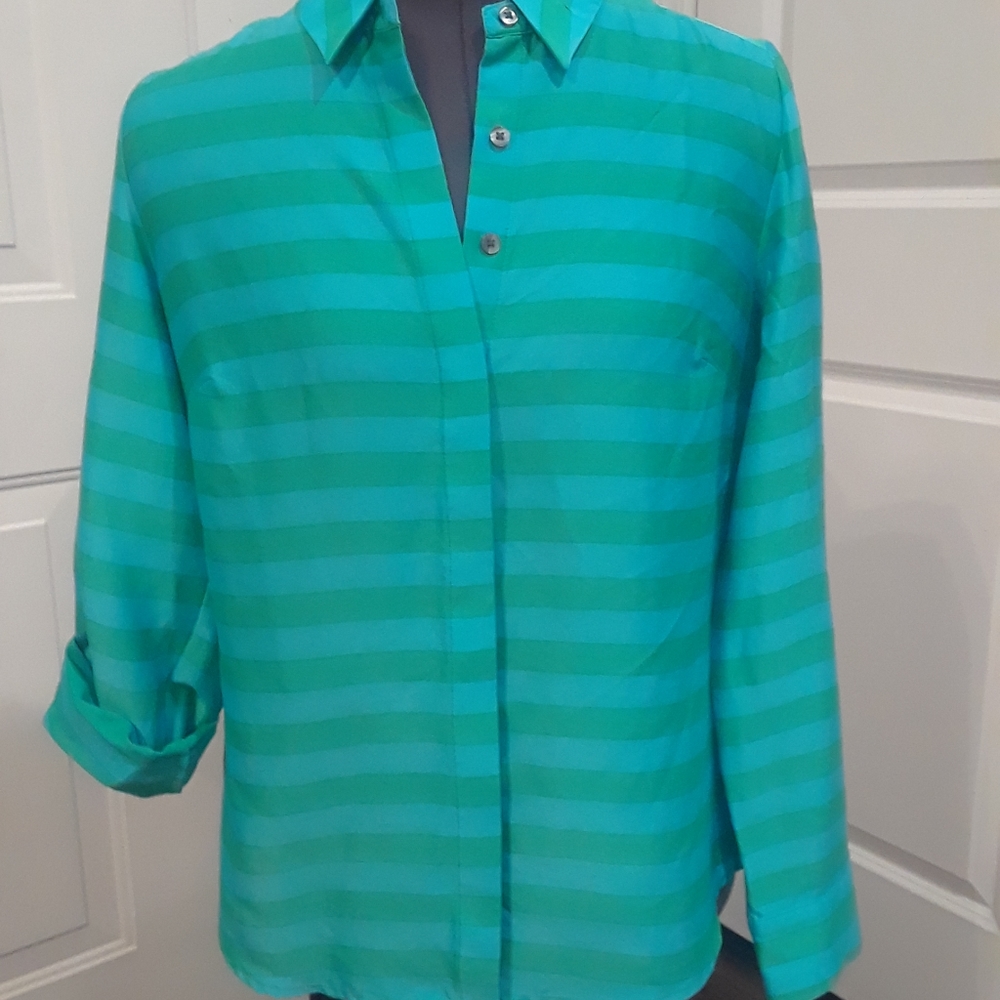Ann‎ Taylor Green & Blue Striped Shirt